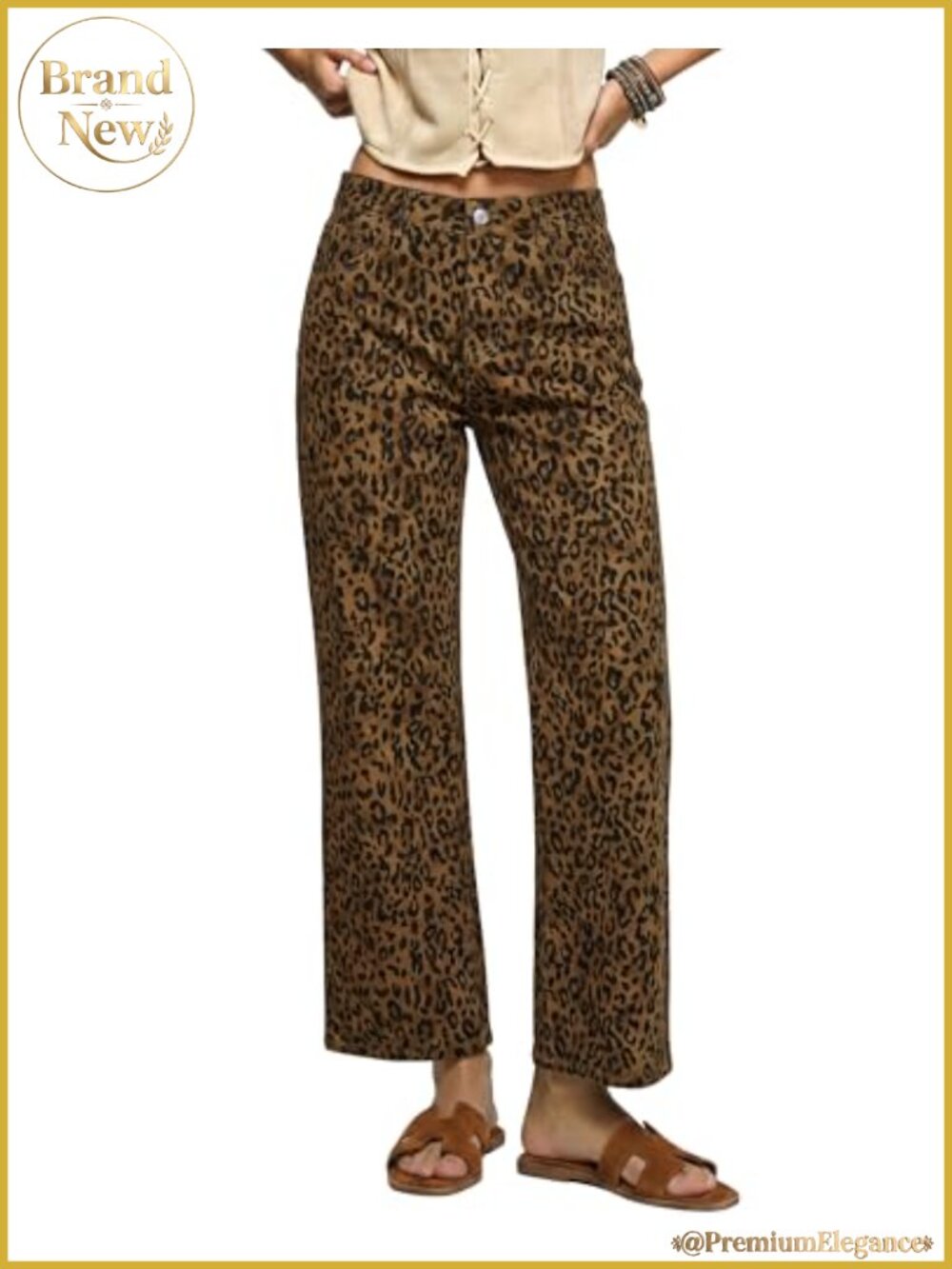 Wide Leg High Waist Jeans for Women Leopard Print Stretch Ankle Denim Pants